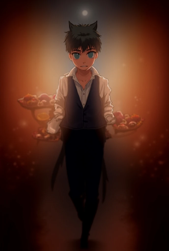 Create a pretty boy who is a waiter,  with blue eyes ,  short black hair and cats ears and tail in a medieval tavern, in anime style