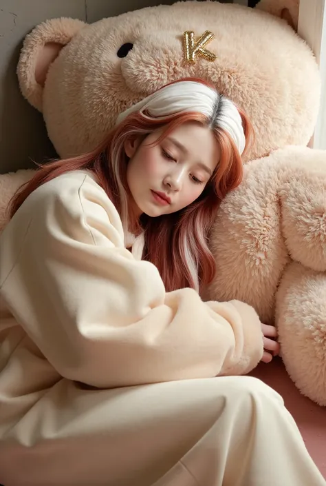 Smiling beautiful  girl with medium leght layered white and red very long hair, lying with a giant stuffed bear, Dk written on the bear