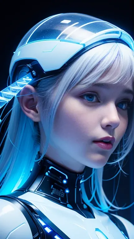 Close-up shot on the translucent girls face within a white laboratory setting, surrounded by suspended blue LEDs. Her transparent biochemical shell glows softly under the cool, clinical lighting. In the background, rows of intricate black hoses and futuris...