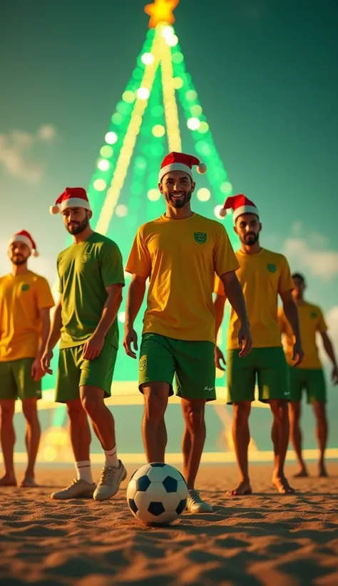 men playing soccer on the beach. holding soccer ball. posing and looking at the camera with team. green and yellow brazil christmas concept decorations. christmas tree and neon lights. detailed textures. They wear Santa hats and have fun. dynamic compositi...