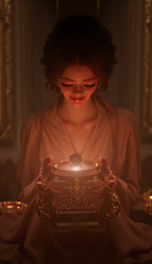 3D image of a rich and elegant woman looking at a diamond in her jewelry box.