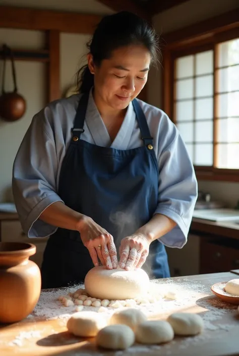 A Japanese woman in her 40s wearing a traditional indigo apron stands at a wooden preparation table in a sunlit traditional kitchen. She is in the process of making mochi,（By continuously hitting the wooden mortar (mill) with a wooden hammer (kine), the st...