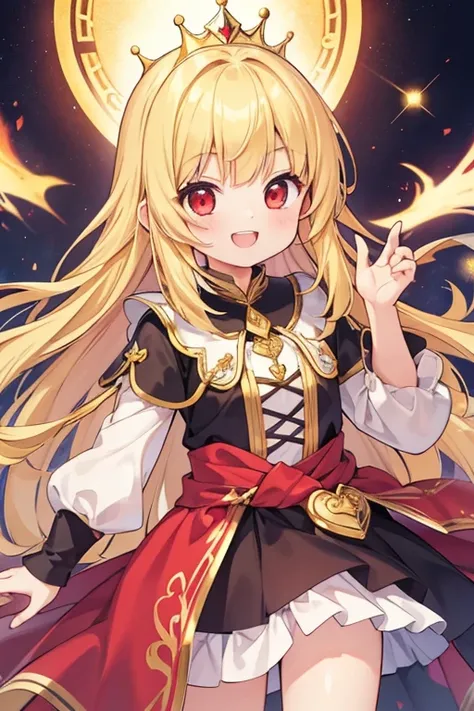  1 beautiful girl　Shows up to the waist　 short　Baby Face　 Golden Hair 　Blonde　 long hair 　 princess cut　 red eyes　Double teeth　A cheerful smile　The user of dark magic