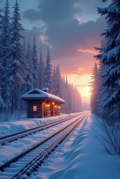 Depict a winter station 。 platform is covered with snow 、 The surrounding area is surrounded by snow-covered forests and illuminated by a huge sunset。 The station lights are warm and the 、 the dark blue sky has a cold atmosphere, but 、 where you can feel s...