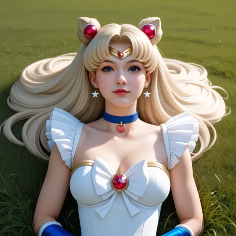 Subject: A girl is lying lazily on the grass, exuding a sense of relaxation and ease.

Upper Body: The girls upper body is inspired by "Sailor Moon," featuring flowing long hair and a delicate face, dressed in the iconic warrior outfit. The costume can inc...