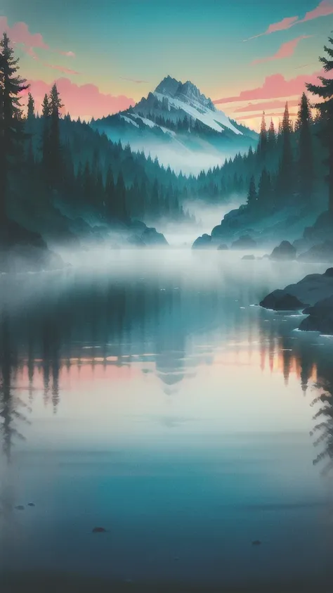 best quality, masterpiece, minlan1, tree, mountain, cloud, forest, landscape, blue theme, sunset, fog, lake, water, reflection, waterfall