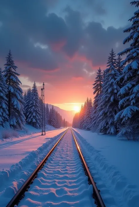  platform is covered with snow 、 The surrounding area is surrounded by snow-covered forests and illuminated by a huge sunset。 The station lights are warm and the 、 the dark blue sky has a cold atmosphere, but 、 where you can feel serenity and serenity 　 hi...