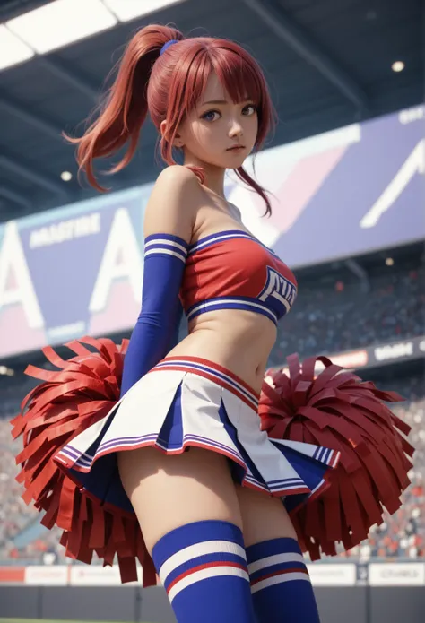 masterpiece, best quality, nishikino maki,red hair, medium hair, purple eyes , cheerleader top , tube top, skirt, elbow gloves, mismatched thighhighs , standing, arms behind back,ponytail 