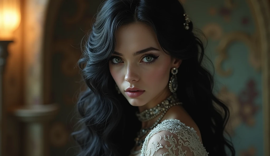 Create a stunning, photorealistic portrait of Morgana, a captivating polymorphic storyteller. She has long, flowing black hair styled in soft waves that cascade elegantly down her back. Her skin is very pale, resembling porcelain, which contrasts beautiful...