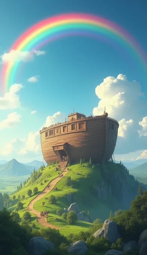 The clear sky, a bright rainbow and Noahs Ark resting on top of a mountain, with animals coming out in pairs .