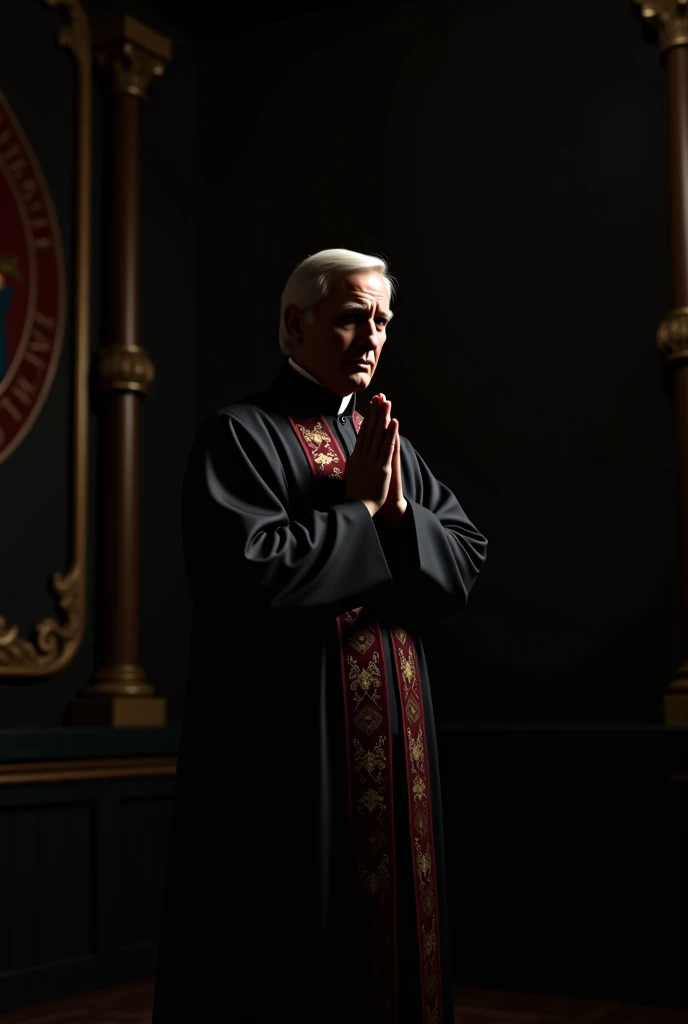 A MAN WITH THE CHARACTERISTICS OF A PRESIDENT IN A PRAYING SUIT