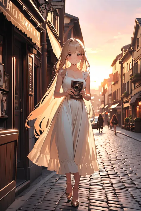 1 girl, (cute face), young heroine, (long flowing hair), (wistful smile), (medium breasts), slim, (wearing a vintage-style dress), ankle-length, (lace and floral patterns),  
BREAK  
Nostalgic town square, cobblestone streets, (holding a nostalgic photo:1....