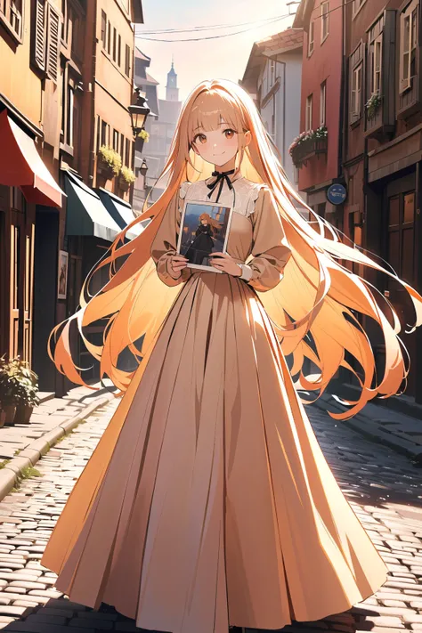 1 girl, (cute face), young heroine, (long flowing hair), (wistful smile), (medium breasts), slim, (wearing a vintage-style dress), ankle-length, (lace and floral patterns),  
BREAK  
Nostalgic town square, cobblestone streets, (holding a nostalgic photo:1....