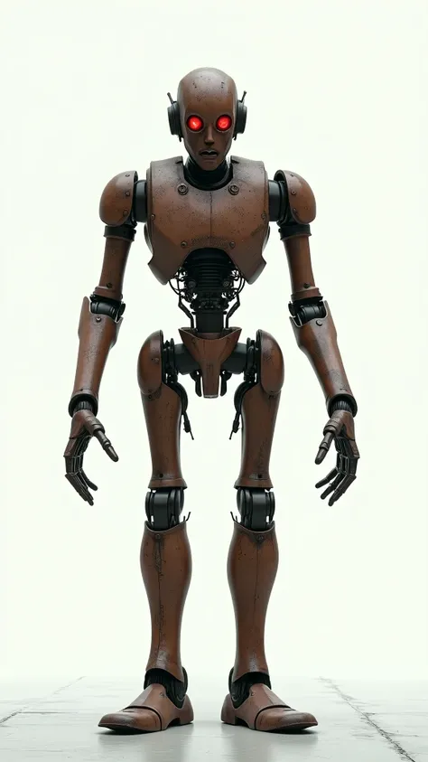 sad dystopian android robot, full body shot, arms stretched out to side. facing directly at camera. against a white background, red eye. hydraulics.brown rusty metal body. hyper realism.cinematic