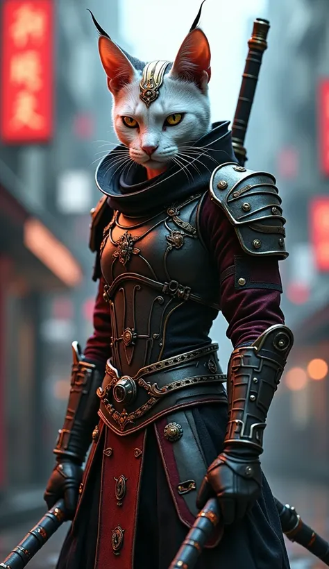   There is a cat wearing a costume and holding a stick, Character portraits inspired by Miao Fu ,  trending at CGSociety ,  furry art, Cat, Cat Warrior, anthropomorphic cat ninja , Cyberpunk Cat, assassin, Tabaqui Monk, 忍者猫, Ultra Realistic Conceptual Art ...