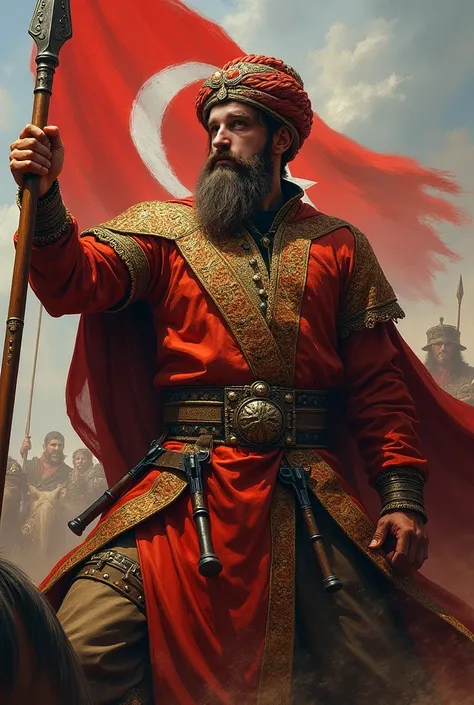 An Ottoman visier, with intricate turban, aggressive, fighting with spear, dynamic pose, dueling stance, with Islamic takke and sarik behind the head, painting style. Rich clothes, colorfull with gold, battle equipment, flag of the beogradski pashaluk in t...