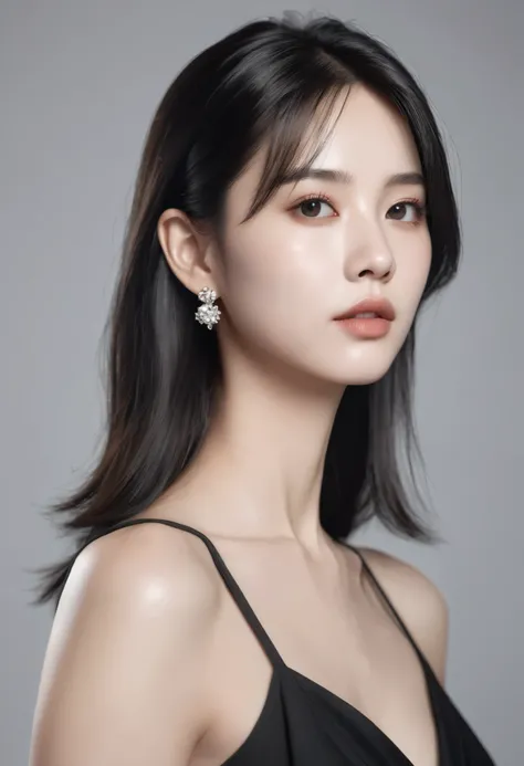 (( is the best quality, 8K )),   of a young lovely woman, Realistic, side view, portrait,  Super Realistic ,  highly detailed,  highly detailed skin,  high quality,  black dress 