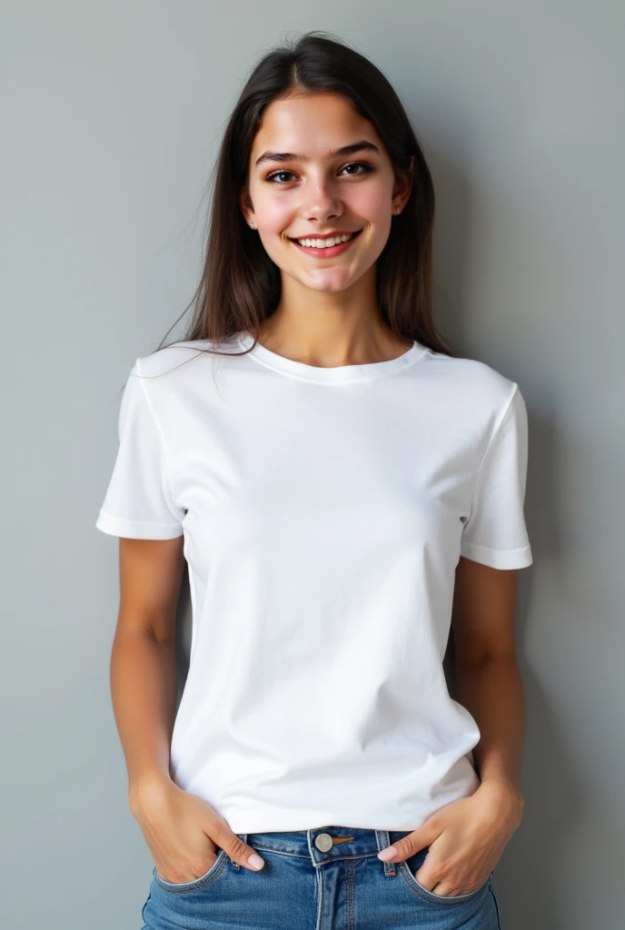 Latin woman, wearing a white t-shirt or polo shirt , with round neck, short sleeve,  jean pants,  fully visible polo, out of the pants , Full polo shirt is enough visible, looking ahead smiling, Hands far away from the chest,  liking me with both hands,  j...