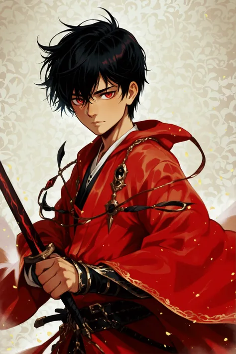 A boy with black hair and red eyes in a red robe and a long black robe and carrying red, half-black daggers