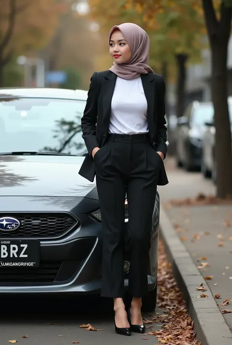  masterpiece original photo of beautiful Indonesian hijab woman wearing t-shirt and blazer combined with long trousser and high heels standing next to SUBARU BRZ car at pedestrian street in jogya city, leaves falling brown in the street ,taken shoot from t...