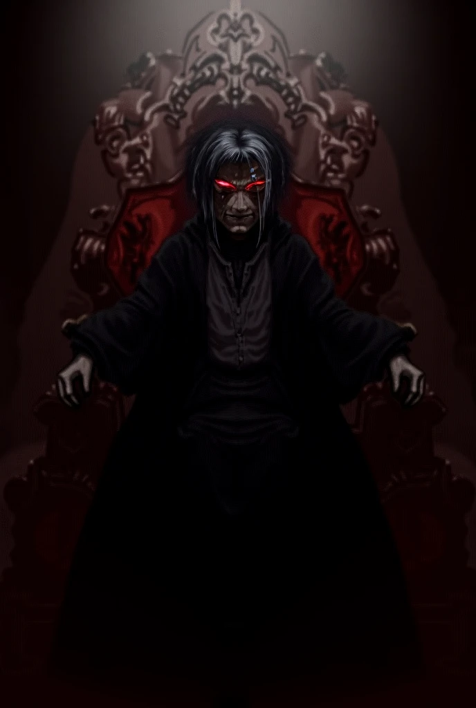 "A dark and gothic Dracula character with shoulder-length ash-black hair streaked with white strands. A scar-like line runs over his glowing red right eye, adding a mysterious aura. He is seated regally on a grand throne crafted from red and white wood, or...