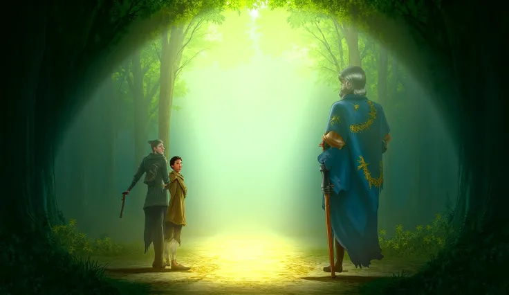 **Prompt: Describing Kael Meeting Master Eldrin**  

"Depict **Kael** meeting **Master Eldrin** for the first time in a serene clearing within the dense forest near **Eldoria Village**. The clearing is bathed in soft, golden light filtering through the can...