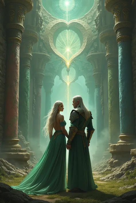  Warrior elf queen with silver-blond hair ,Stand next to the warrior elf king .  The queen is connected through her heart to many structures with plank-colored stones, red,green,blue, gold and pink  