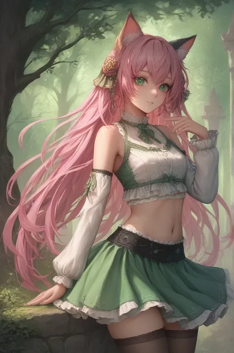 Anime concept art, anime, intricate details, 1girl, dionadef, aged up, absurdly long pink hair, calico cat ears, detailed teal green eyes, detailed crop top, detached sleeves, midriff, detailed skirt, detailed stockings, outside, nature, detailed backgroun...