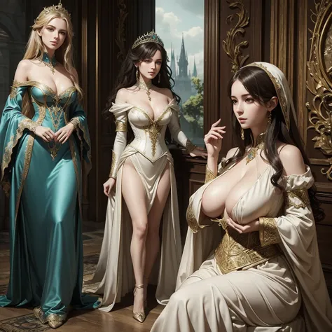 In the style of the fantasy genre, two girls? aristocrats, beautiful, slender, sexy, with big tits, aristocratic rich luxurious dress in the style of the fantasy genre,