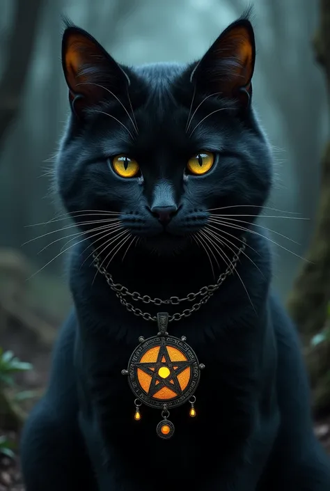 A black cat with a pentagram around its neck with the face of an angry wizard the dark witchcraft background for profile picture