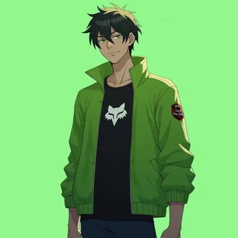  A slender tall guy of 20 years old ,  who is in good physical shape , slim and pumped up .  He is wearing a jacket and broad shoulders ,  green lime jacket ,  who is unbuttoned and with a black T-shirt and with the fox head logo.  The background is green ...