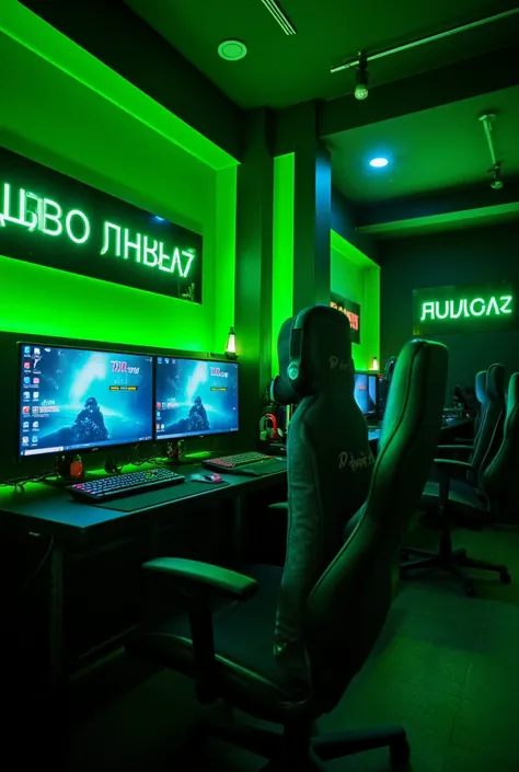  Modern computer club ,  The club is designed in green style ,  There are modern gaming computers with modern keyboards ,  inscriptions with mice and headphones ,  all this on gaming tables next to which young people sit in beautiful modern gaming chairs, ...