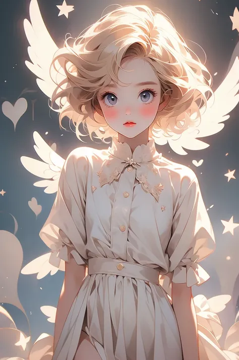 1 girl, small, angel, small white wings, mini skirt, looking up at viewer, blushing, short blonde hair