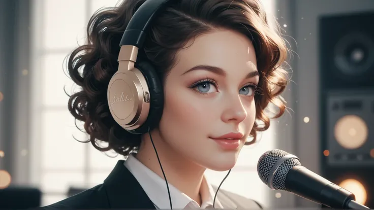 "Elegant close-up of a young woman with curly hair wearing studio headphones, her delicate features illuminated by soft natural light, positioned in front of a professional microphone with a pop filter, monochromatic aesthetic, smooth bokeh background hint...