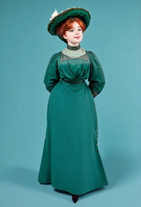 A pretty, curvaceous 15yo redhead Gibson Girl in a green Edwardian dress and wide-brimmed Christmas bonnet. Christmas 1904. 1900_dr3ss