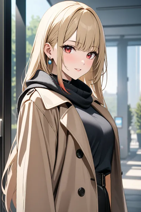 Trench Coat and Scarf,  cute, masterpiece:1.5, masterpiece, highest quality, Kitagawa Marin, 1girl,  cowboy shot , blonde hair, long hair, multicolored hair, red eyes, jewelry, earrings, piercing, black choker, UHD, retina, masterpiece, accurate, anatomica...