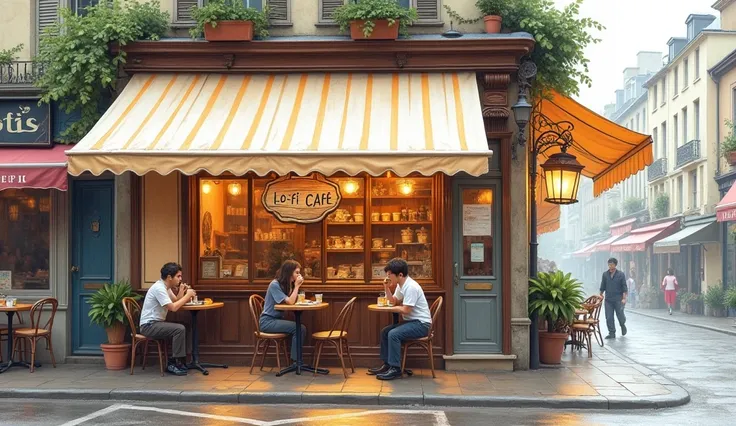 line-art painting of an coffee shop at the corner of the town the little wooden hanging sign say "Lo-Fi Cafe",the crowded customers sitting at the tea shop under the pale stripped awning ,warm lit in the shop , streets are wet by the rain,90 vibe paris tow...