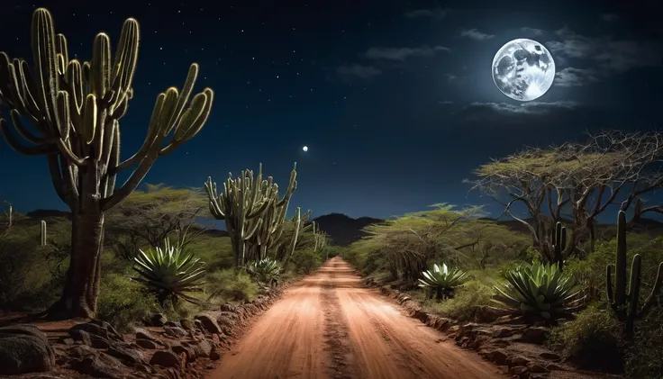 full moon night, dark night a dirt road ,  full of trees and cacti all around, Northeastern Brazil, caatinga,  hyper realistic image 

