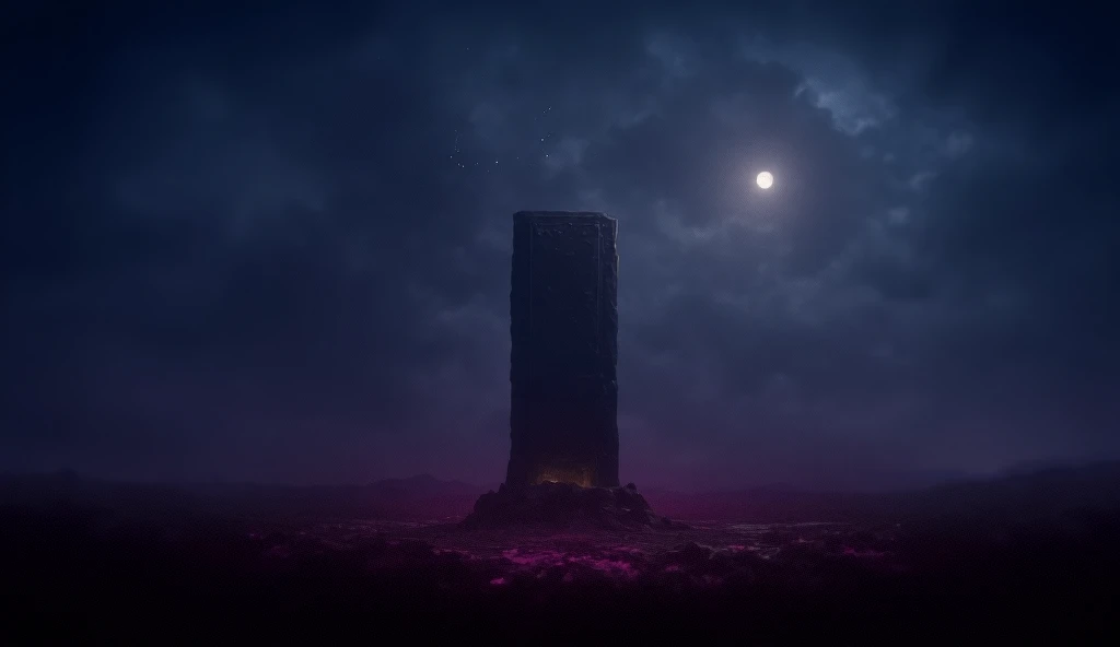 " A tall, black monolith in a desolate field with a bright full moon and stars in the sky with dark clouds. O a large ruined monolith ,  with glowing mystical inscriptions that pulsate weakly .  Purple and gold lights swirl around it , creating an enigmati...