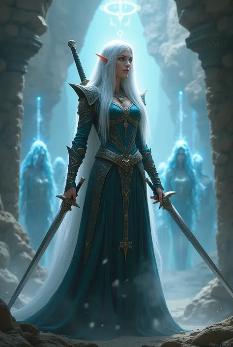  Warrior elf queen with silver hair, with their swords on her back . Surrounded by her ancestors  