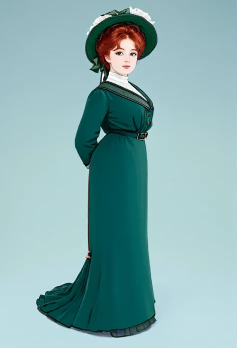 A pretty, curvaceous 15yo redhead Gibson Girl in a green Edwardian dress and wide-brimmed Christmas bonnet, light make up, 50-25-60 hourglass figure. Christmas 1904. 1900_dr3ss