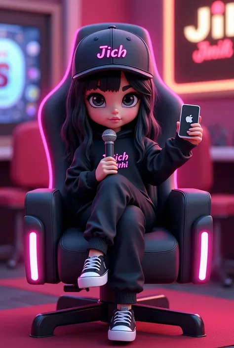 3D rendering of a chibi-style woman with long, wavy black hair. Black eyes. She is dressed in a very casual black outfit, including a cap that says "Jich Jeigh" in pink. The woman is sitting crossed legs in a gaming chair and showing off her casual outfit....