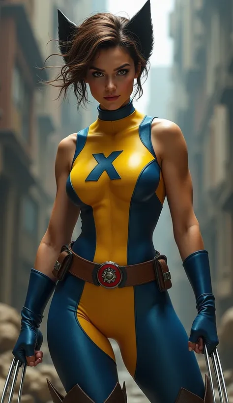 "A hyper-realistic 8k depiction of a female version of Wolverine from Marvel. She has short, wild brown hair, sharp eyes, and a strong, fierce expression. She wears a yellow and blue costume, similar to Wolverines, with the iconic X-Men logo on her chest. ...