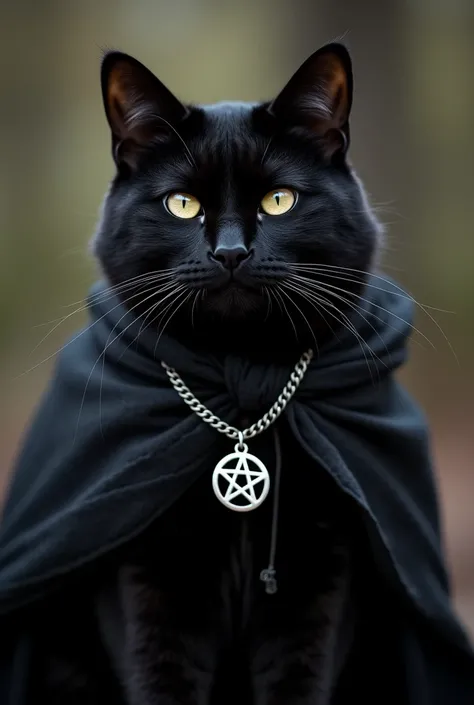 A black cat with a dark sash and a silver pentagram necklace around the neck with the face of an angry wizard looking forward but a little farther away for a groups profile picture somente o gato na imagem mas ele mais afastado um pouco do centro deixe ele...