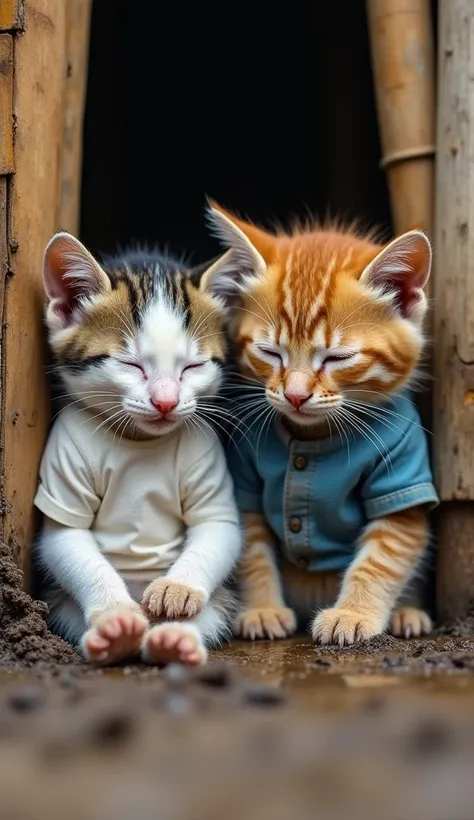 Two small kittens , I act like a human ,  one with white and brown fur wears a white t-shirt that is empty and unfit ,  and the other with orange and black fur wears a blue shirt that has worn out camping,  sleeping against the wall of a wooden house in a ...