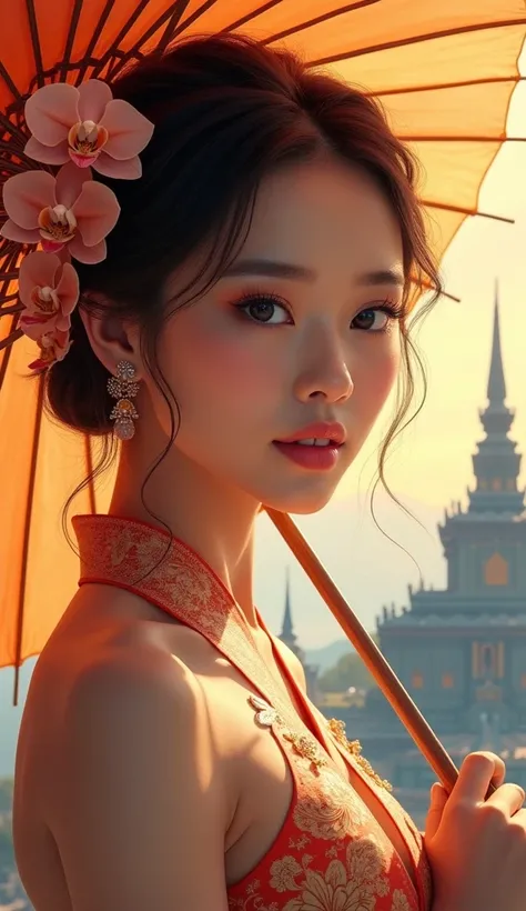 Prompt: Overlapping image of a Northern woman, wearing beautiful Thai dress in the northern style, holding an umbrella, orchids on her ear, beautiful face, warm color tones, with Wat Phra That Doi Suthep shown in her shadow.