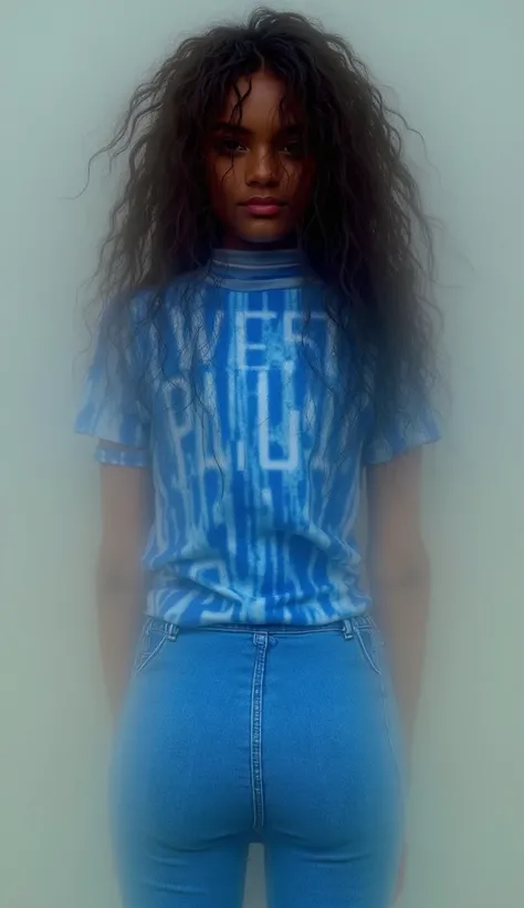 a beautiful Indonesian girl (20 years old, full body, long curly hair) wearing blue-white stripes football jersey with word "WEST PAPUA" (very very very super realistic) with a long super pencil-jeans (with very super juicy big ass, look from back)