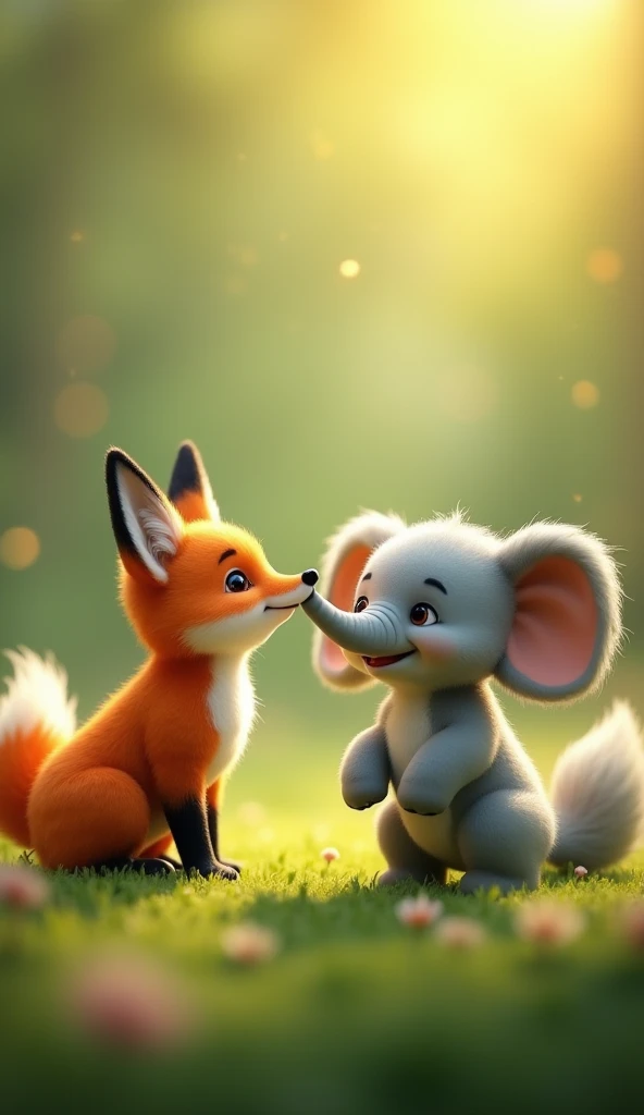 "Create an image of a whimsical scene featuring a fox and an elephant looking towards each other with a sense of curiosity and charm. The fox has a soft, fluffy body and a bushy tail with bright, expressive eyes, while the elephant has adorable, floppy ear...