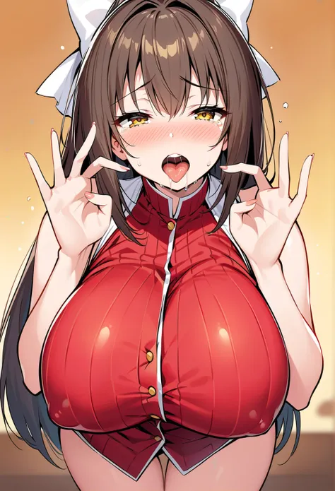 masterpiece,  top quality ,  very aesthetic,  absurd, up to date, 1 girl,( face close-up :1.2), ( covered _Nipples),  ahehe, tongue_outside,  rolling_eye, saliva,Double V gesture,tears in eye,,Sento Isuzu(amagi brilliant Park), yellow eye,   antenna hair, ...