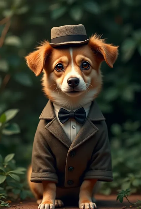 A single dog wearing clothes .   natural dark green background 